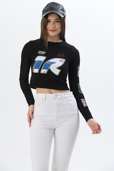 CALİENTE Printed Slim Ribbed Crop Ottoman Blouse Black