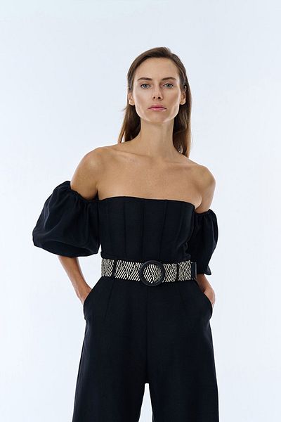 FASHION COCKTAIL Mâneci bufante, curea, bretele, buzunare, picior lat spaniol, talie înaltă, cocktail de noapte, invitație, salopetă lungă de vară