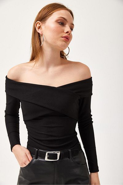 CALİENTE Ottoman Fabric Cross Collar Detail Blouse Black