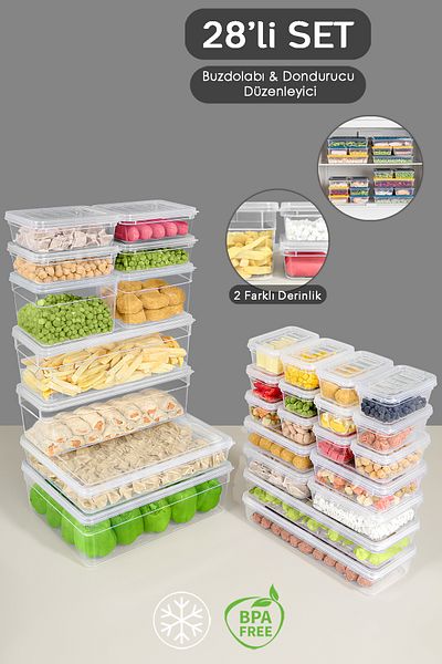 Meleni Home 28 Piece Deep and Shallow Food Storage Container Set - Transparent Lid Microwave Compatible Organizer Organizer