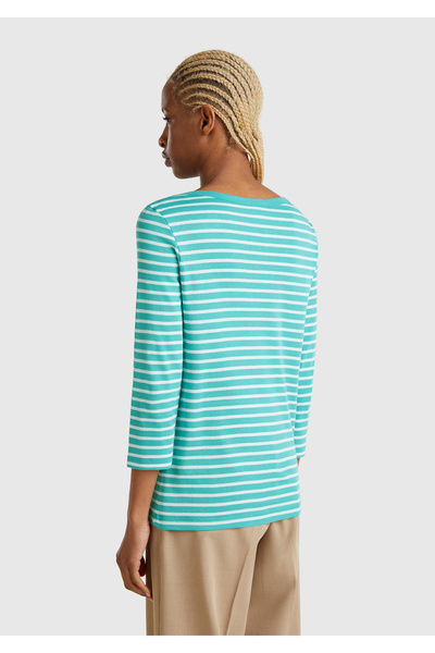 United Colors of Benetton Γυναικείο μπλουζάκι μπλε 100% βαμβακερό ριγέ λογότυπο με λαιμόκοψη με μανίκια τριών τετάρτων