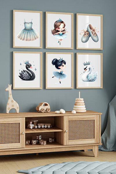 Hiras Dizayn Set de 6 postere pentru camera copiilor balerină și lebădă 3 dimensiuni diferite fără cadru Decorare pentru camera copiilor