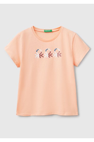 United Colors of Benetton Girl's Yavruağzı Glitter Logo Printed T-Shirt