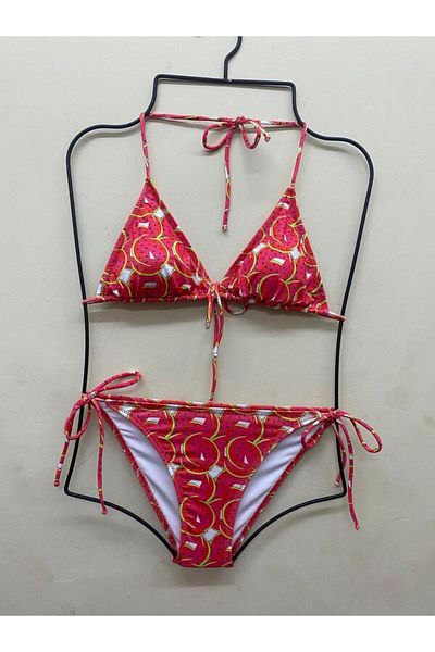 XORVİO Women's Side Tie Watermelon Slice Patterned Stretchy Lycra Stylish Drawstring Bikini Set New Season