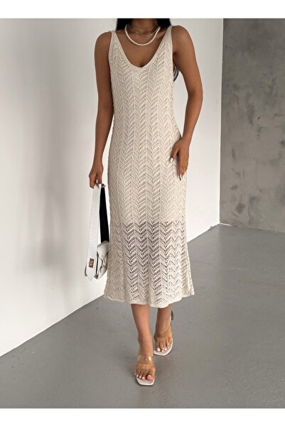 Fibula Lux kalite ajur tasarım astarlı örme elbise