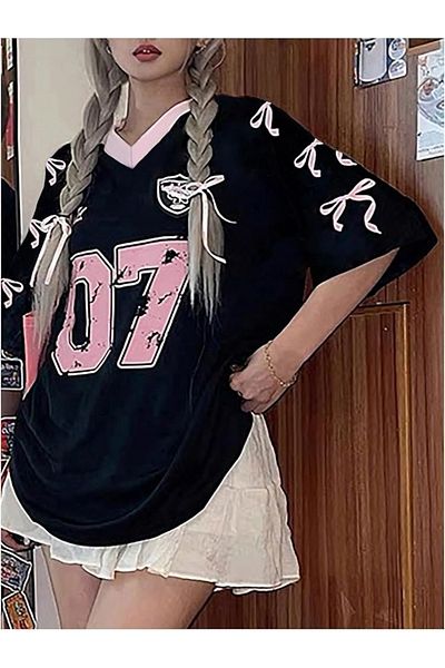 Gofeel Μαύρο T-Shirt μπαλέτου με κορδέλα Y2k Oversize