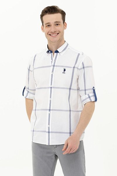 U.S. Polo Assn. 100% Cotton Men's Charisma Large Checkered White Men's Shirt - Comfortable Fit