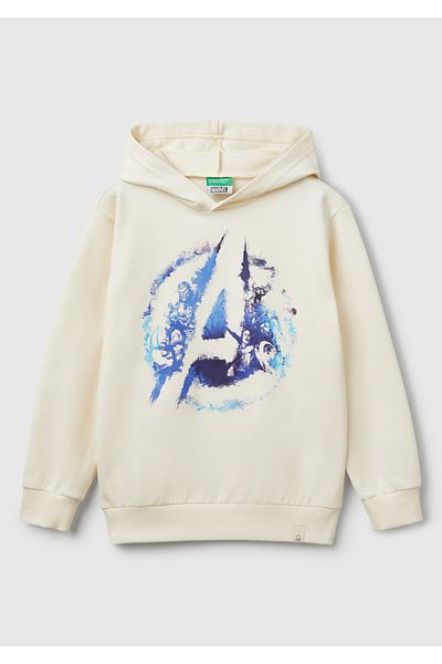 United Colors of Benetton Boy's Ecru Marvel Hero Printed Label Logo Hooded Sweatshirt