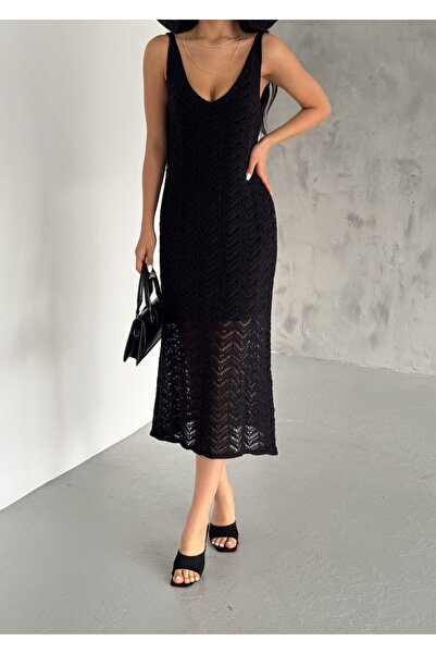 Fibula Lux Quality Openwork Design Lining Knitted Dress
