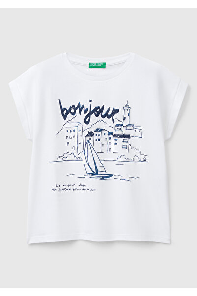 United Colors of Benetton Κοριτσίστικο μπλουζάκι με λευκό γυαλιστερό εμπριμέ με ανοιχτό ώμο