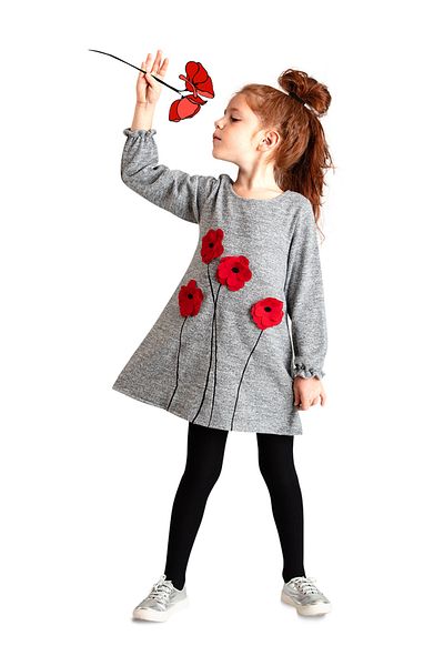 MSHB&G Graues Mohnblumenmuster für Mädchen - Elastisches Langarmkleid