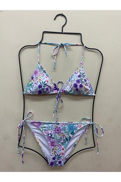 XORVİO Women's Side Tie Floral Patterned Stretchy Lycra Stylish Drawstring Bikini Set New Season