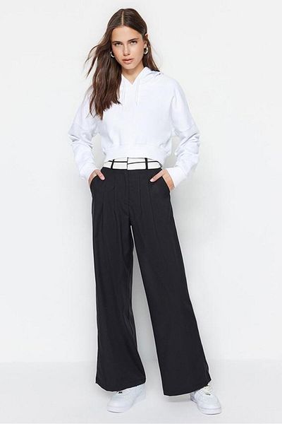 Saade Black High Waist Wide Leg P with Double Batteries and Belt Detail