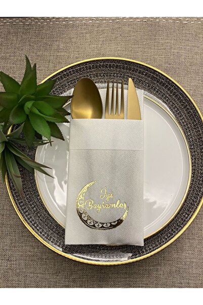 kidspartim Gold Yaldızlı Beyaz Kumaş Dokulu İyi Bayramlar Cepli Peçete 6 Adet