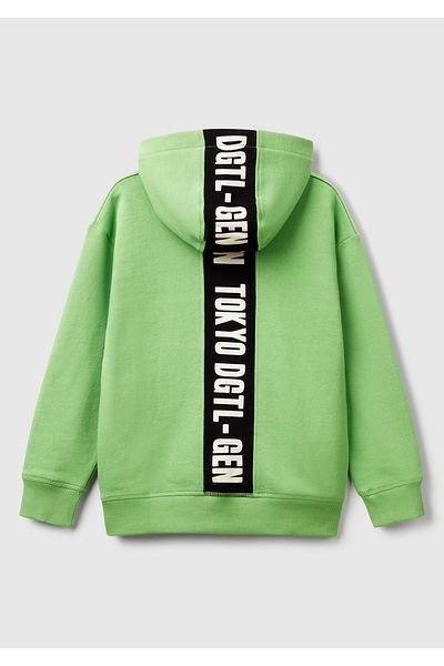 United Colors of Benetton Boy's Pistachio Green Print Stripe Detailed Logo Label Hooded Sweatshirt