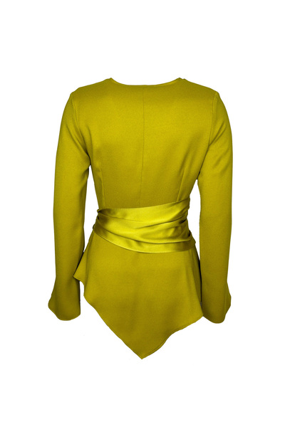 KAMEYA Saten Detaylı Asimetrik Zeytin Yeşili Bluz