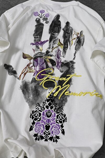 Slatra Men's White Hands Embroidered Oversize Tshirt