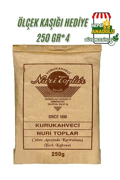 HEPSİ ANADOLU Kurukahveci Nuri Toplar Turkish Coffee 250 Gr*4(1KG GRAWED TURKISH COFFEE WOOD SCALE SPOON GIFT)