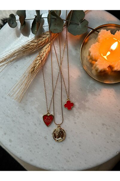 MİOSA 316L Kararmaz Çelik Altın Kaplama Madalyon/Yonca Üçlü Kolye Seti