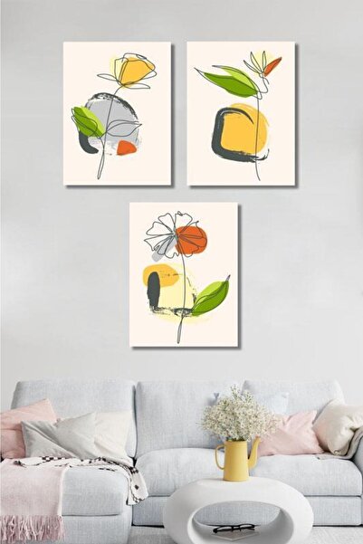 Victor Vallery Set of 3 Colorful Line Art Flowers Canvas Painting
