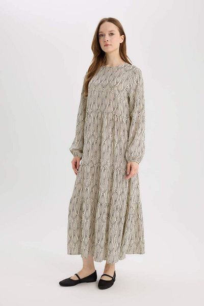 DeFacto New Season Crew Neck Patterned Long Sleeve Maxi Hijab Dress