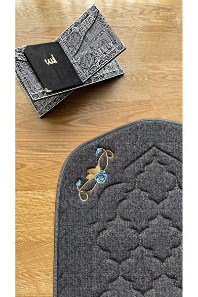 lüks home Gri Ortopedik Diz Ağırtmayan Seccade Çiçek Nakışlı Keten Kumaş RENK...