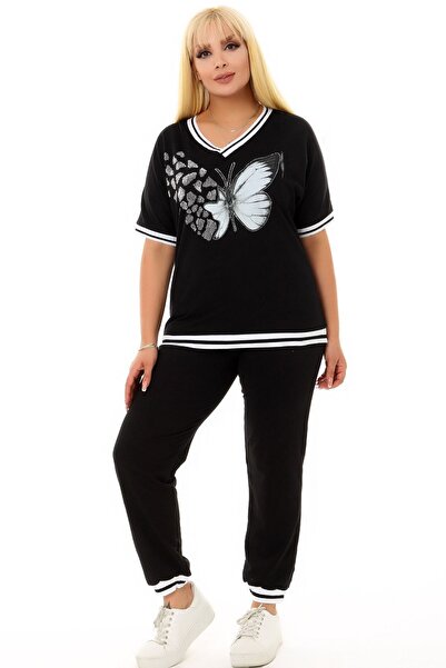 Kheos Удобен анцуг с къс ръкав, джоб с V-образно деколте и шарка на пеперуда с камък, ластик на талията и връзки