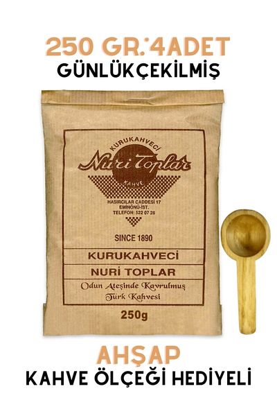 HEPSİ ANADOLU Kurukahveci Nuri Toplar Turkish Coffee 250 Gr*4(1KG GRAWED TURKISH COFFEE WOOD SCALE SPOON GIFT)