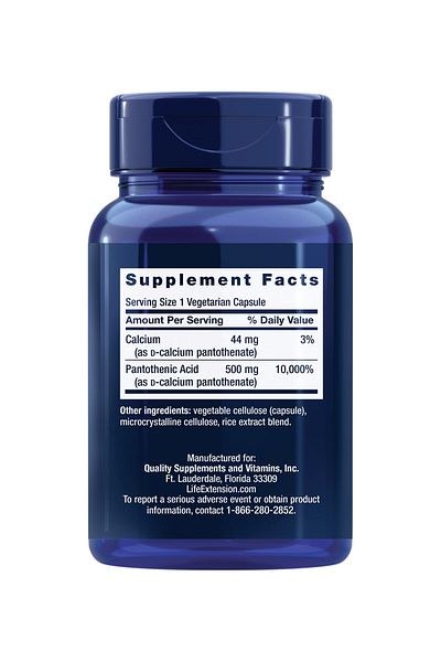 Life Extension Pantothenic Acid 500mg, Vitamin B5, Energy Support, Gluten-Free, Non-GMO, Vegetarian, 100 Capsules