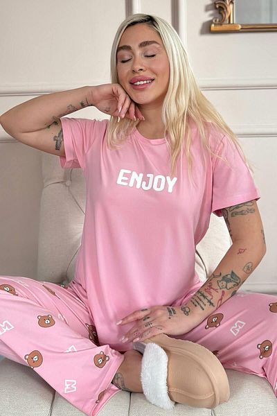 Pijamaevi Dark Pink Enjoy Patterned Bamboo Short Sleeve Women's Pajamas Set