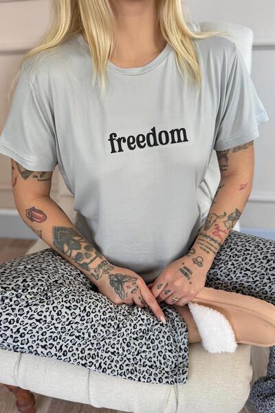 Pijamaevi Γκρι Freedom μοτίβο μπαμπού κοντομάνικο σετ γυναικείες πιτζάμες