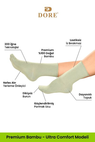 Dore Original Women's 2 Pairs Premium Natural Bamboo Soft Ultra Comfort Model Elasticless Seamless Socket Socks