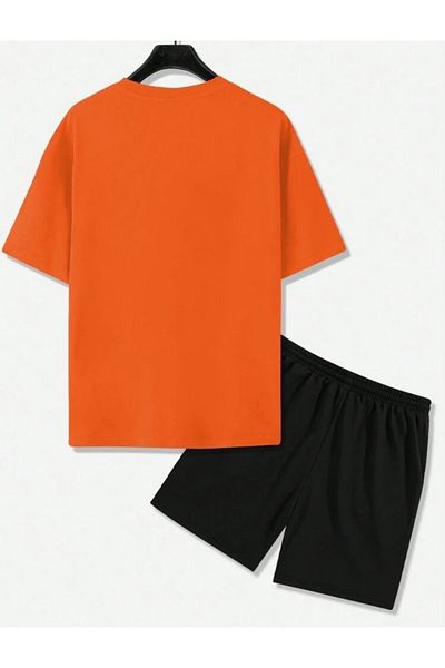 DEZZİİ Orange Think It Make It Printed Bottom Top Shorts T-Shirt Set