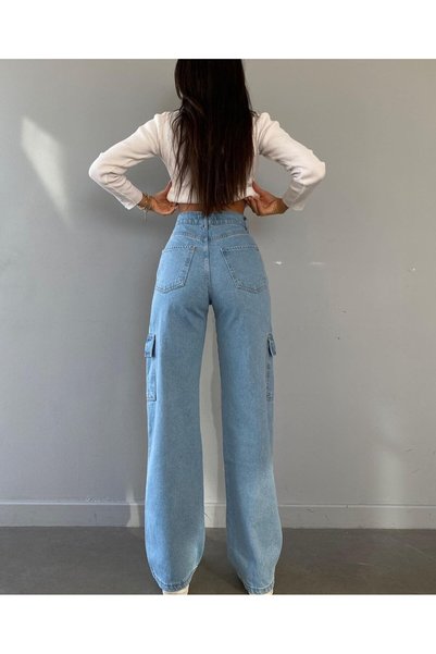 SHEVEGA Plăcintă Kargo Cepli Buz Mavi Yüksek Bel Boyfriend Bol Paça Salaş Jean Kot Pantolon