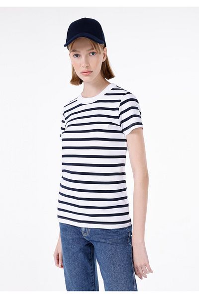 Colin's Slim Fit Round Neck Striped Women's Navy Blue Short Sleeve T-Shirt