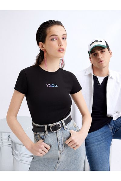 Colin's Slim Fit Crew Neck Printed Black Women's Short Sleeve T-Shirt