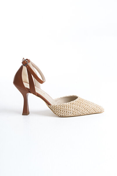 Shoesers Kadın Özel Hasır Tasarım Taba Detaylı Bilekten Bağlamalı İnce Topuklu Günlük Ayakkabı