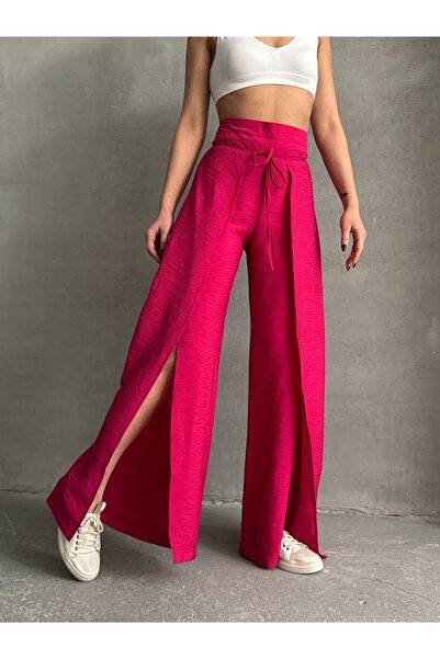 Lusin Women's Pink Lace-Up Slit Detailed Comfortable Fit High Waist Pants