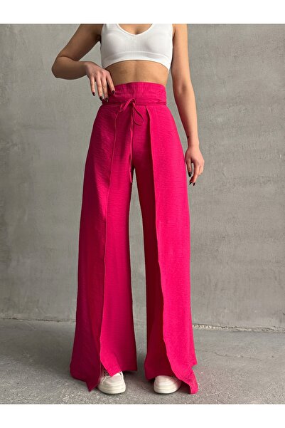 Lusin Women's Pink Lace-Up Slit Detailed Comfortable Fit High Waist Pants