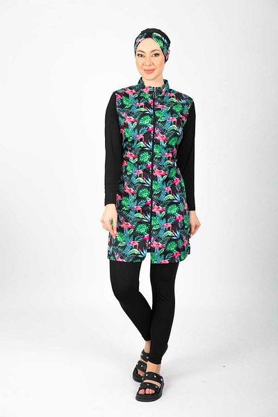 ENDYMION Printed Full Covered Lace up Boned Parachute Fabric Hijab Swimsuit
