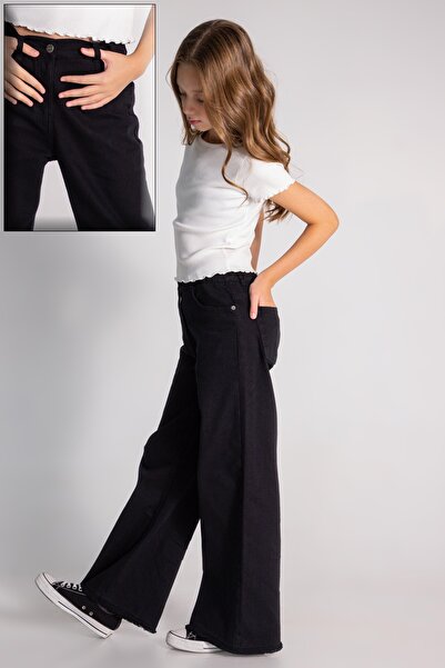 DMB BOYS & GIRLS Yüksek Bel Bol Paça Palazzo Kız Çocuk Kot Pantalon Ayarlanabilir Bel