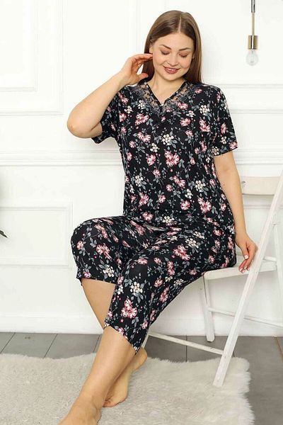 ALİMER Women's Black Spring Branch Bermuda Pajama Set Edy2708B-Syh