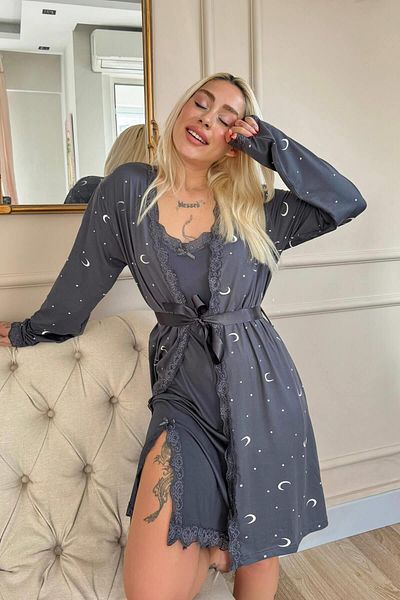 Pijamaevi Anthracite Moon Patterned Nightgown Women's Pajamas Set