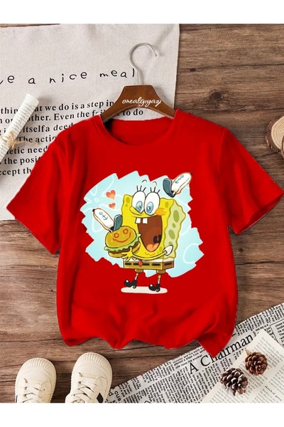 oneagılyazı تي شيرت للأطفال مطبوع عليه همبرغر سبونج بوب مقاس كبير