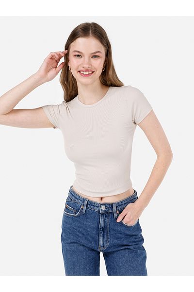 Colin's Tricou cu mânecă scurtă, bej, cu gât rotund, slim fit