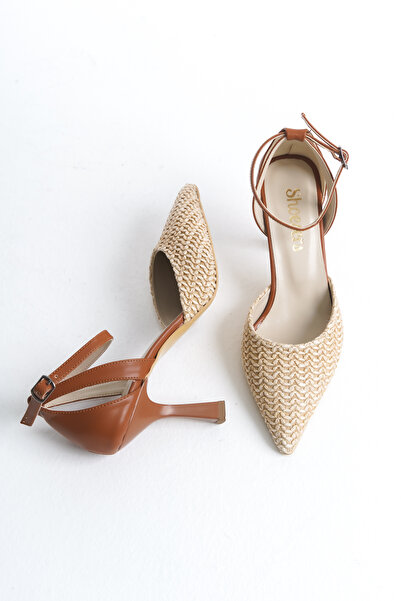 Shoesers Kadın Özel Hasır Tasarım Taba Detaylı Bilekten Bağlamalı İnce Topuklu Günlük Ayakkabı