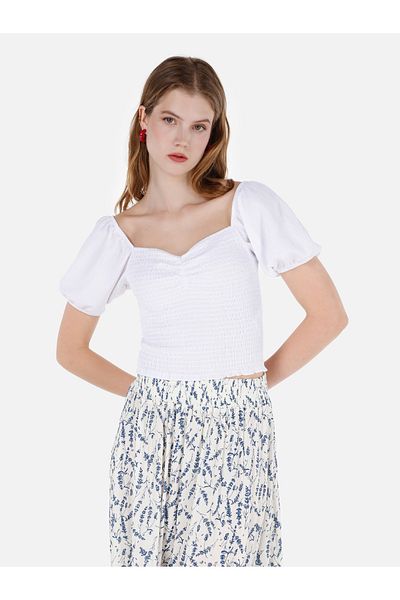 Colin's Tricou alb pepene verde pentru femei, slim fit, cu decolteu în V