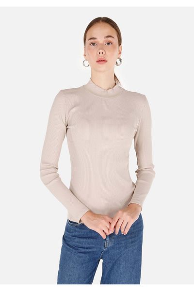 Colin's Tricou cu mânecă lungă, bej, cu guler vertical, slim fit, cl 1070199