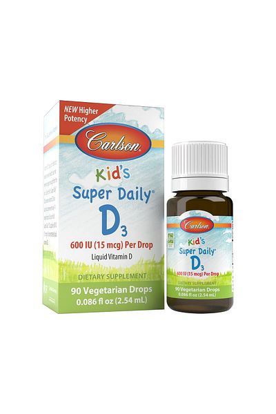 Carlson Kid's Super Daily D3, 600 IU Vitamin D Drops, Vegetarian, Unflavored, 90 Drops (2.54 mL)
