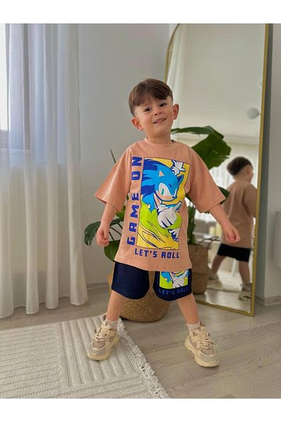 MİNİKO KİDS Costum din bumbac pentru băiat, cu model SONIC, cu pantaloni scurți imprimați